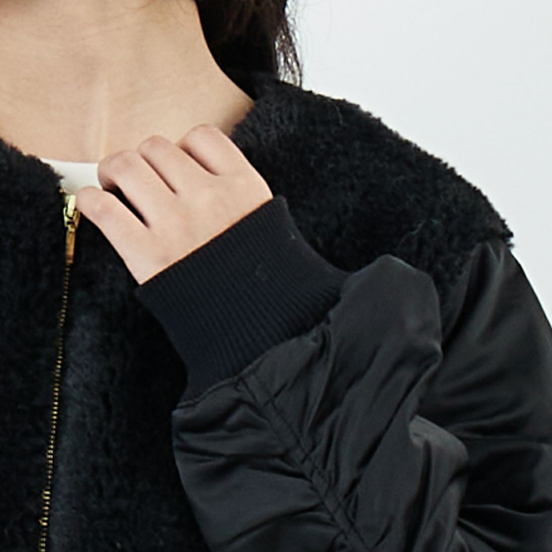 Jeans Factory Clothes [ジーンズファクトリークローズ] ボア切替ノーカラーコート [785750] 03 ﾌﾞﾗｯｸ &&モデル身長：162cm 着用サイズ：F&&