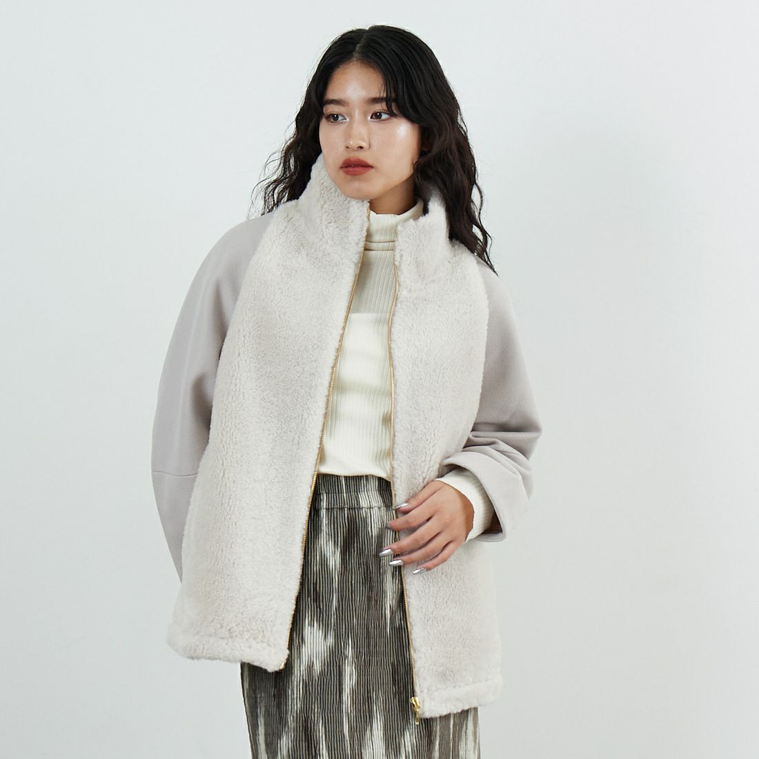 Jeans Factory Clothes [ジーンズファクトリークローズ] ボアウール切替コート [785749] 11 Lｸﾞﾚｰ &&モデル身長：162cm 着用サイズ：F&&