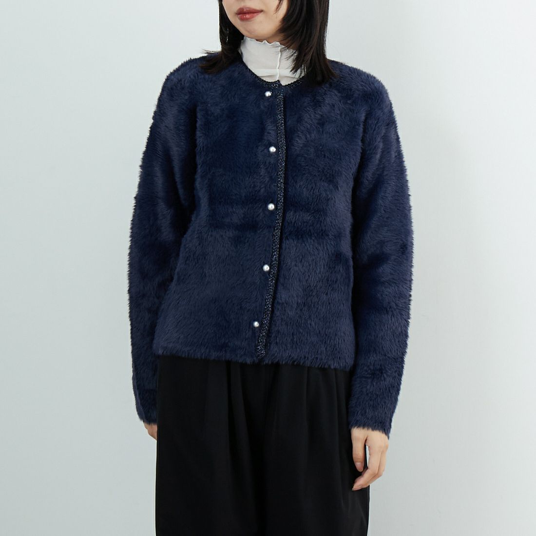 Jf Ready Made [ジェイエフレディメイド] フォックスタッチニットカーディガン [735811] 83 ﾈｲﾋﾞｰ &&モデル身長：162cm 着用サイズ：F&&