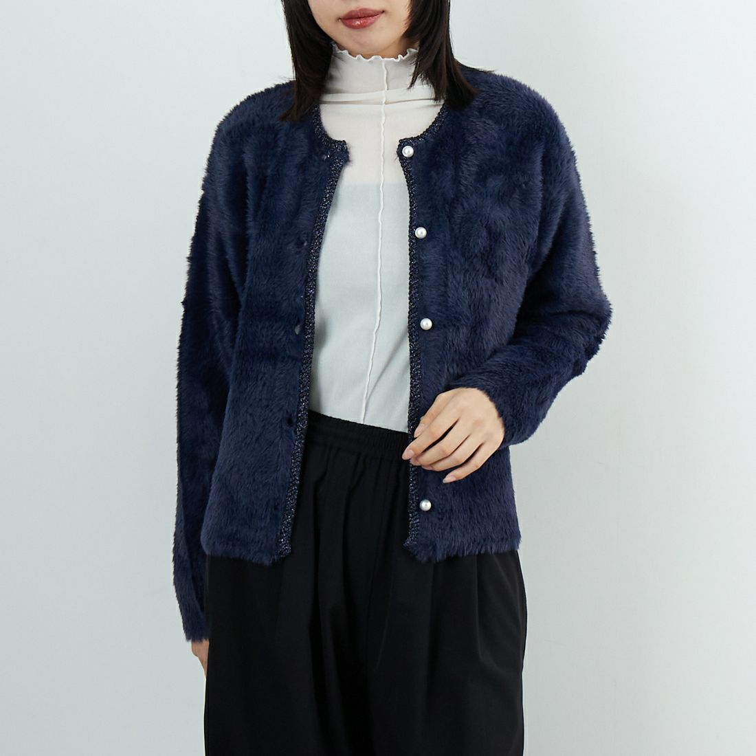 Jf Ready Made [ジェイエフレディメイド] フォックスタッチニットカーディガン [735811] 83 ﾈｲﾋﾞｰ &&モデル身長：162cm 着用サイズ：F&&