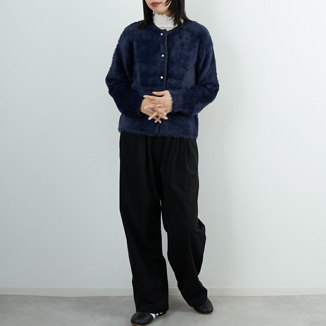 Jf Ready Made [ジェイエフレディメイド] フォックスタッチニットカーディガン [735811] 83 ﾈｲﾋﾞｰ &&モデル身長：162cm 着用サイズ：F&&