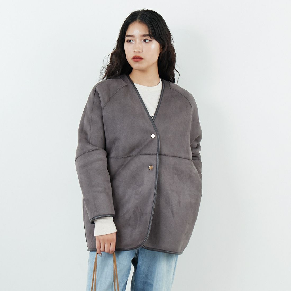 Jeans Factory Clothes [ジーンズファクトリークローズ] ボアスエードリバーシブルコート [275-38775] 08 ﾁｬｺｰﾙ &&モデル身長：162cm 着用サイズ：F&&