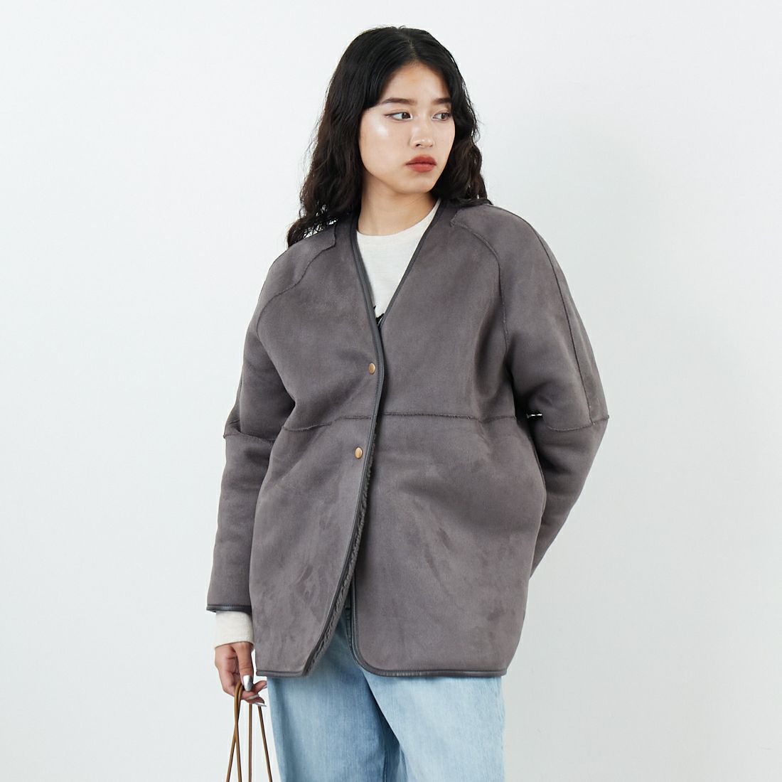 Jeans Factory Clothes [ジーンズファクトリークローズ] ボアスエードリバーシブルコート [275-38775] 08 ﾁｬｺｰﾙ &&モデル身長：162cm 着用サイズ：F&&