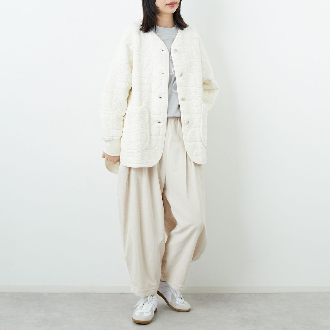 tumugu: [ツムグ] 幾何学キルティングジャケット [TC25404] 06 KINARI &&モデル身長：162cm 着用サイズ：F&&