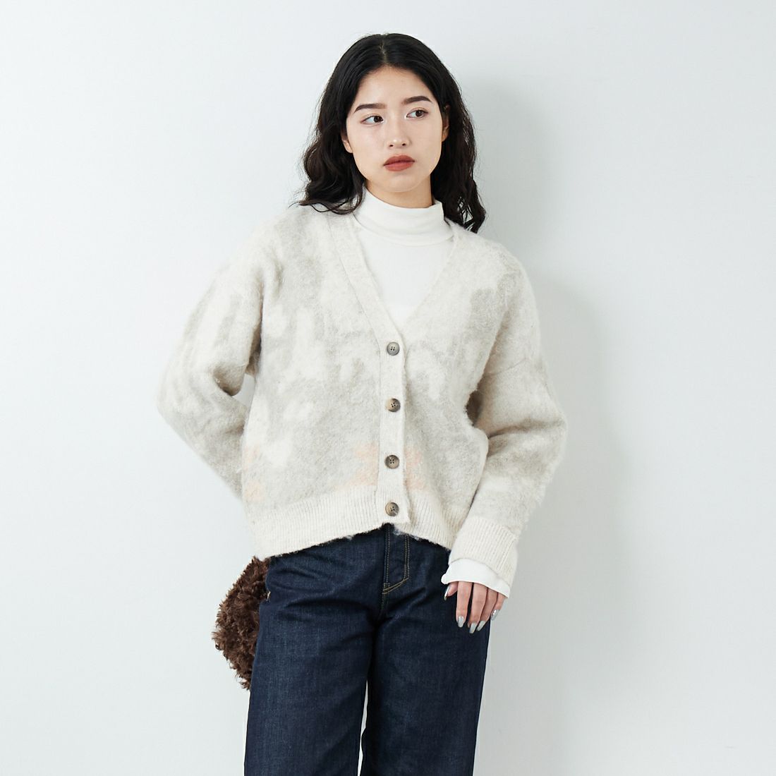 Jf Ready Made [ジェイエフレディメイド] にじみ柄Vネックカーディガン [3109236] 342 ﾋﾟﾝｸ &&モデル身長：162cm 着用サイズ：F&&