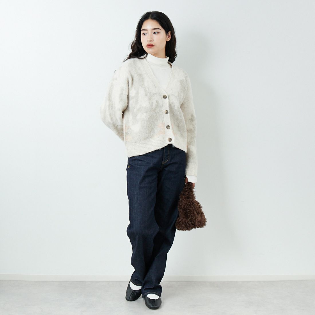 Jf Ready Made [ジェイエフレディメイド] にじみ柄Vネックカーディガン [3109236] 342 ﾋﾟﾝｸ &&モデル身長：162cm 着用サイズ：F&&