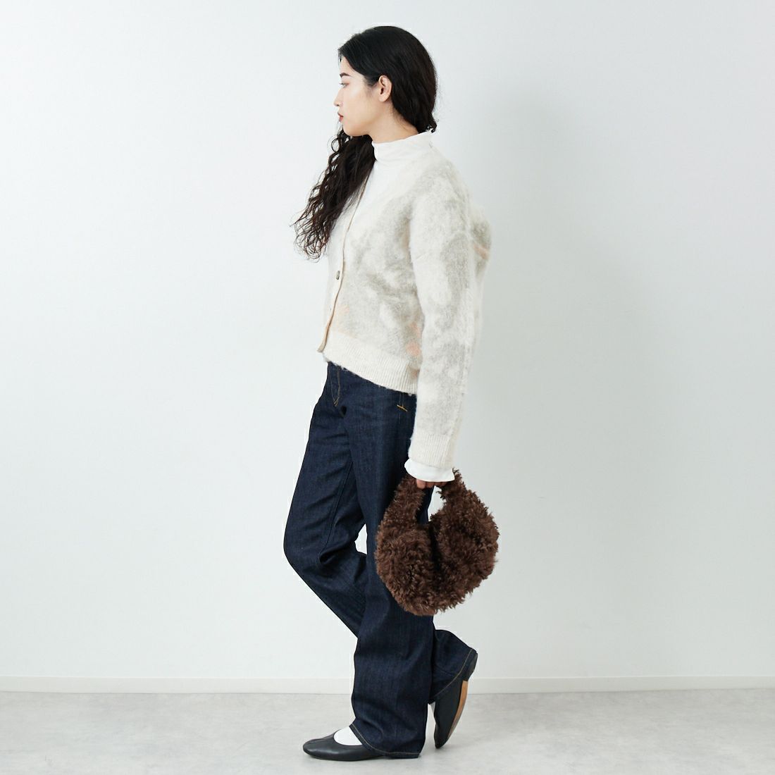 Jf Ready Made [ジェイエフレディメイド] にじみ柄Vネックカーディガン [3109236] 342 ﾋﾟﾝｸ &&モデル身長：162cm 着用サイズ：F&&