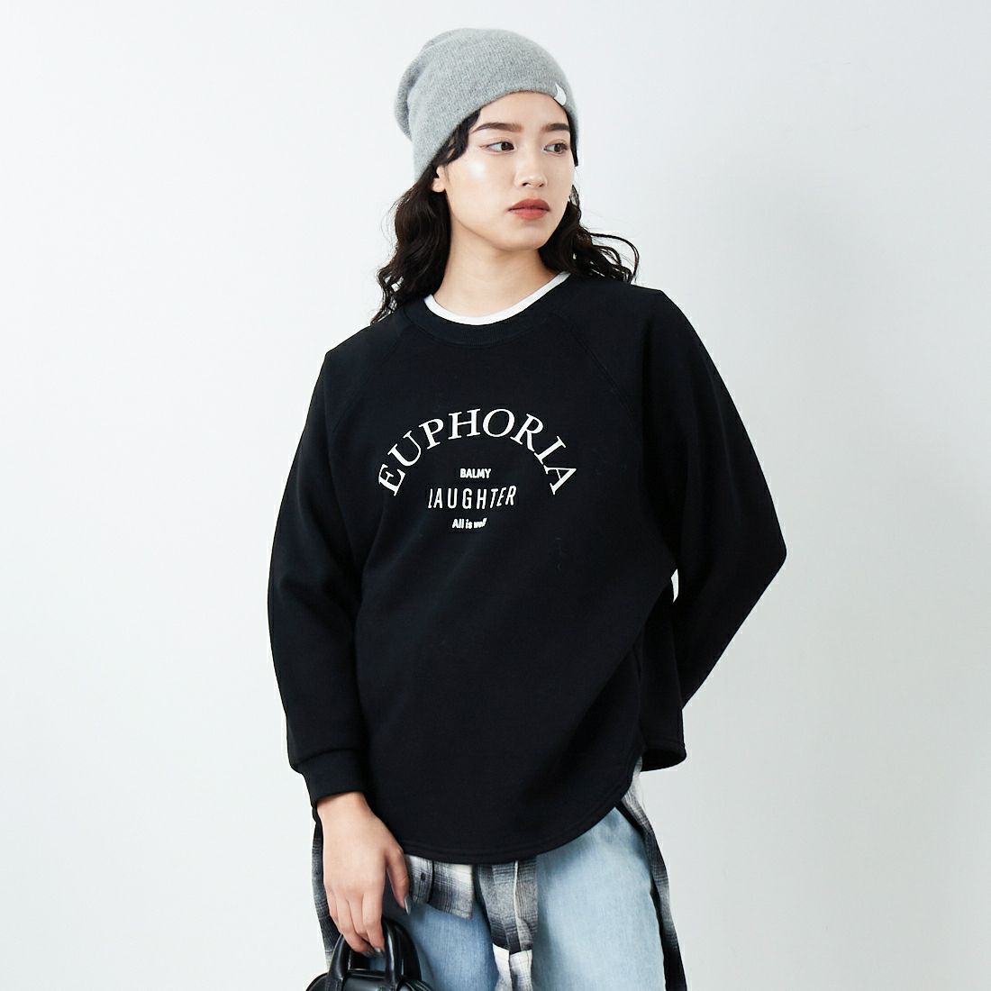 Jf Ready Made [ジェイエフレディメイド] 裏起毛プリントプルオーバー [3109151] 801 ﾌﾞﾗｯｸ &&モデル身長：162cm 着用サイズ：F&&