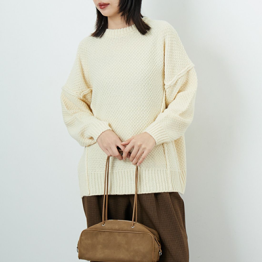 Jf Ready Made [ジェイエフレディメイド] 切替デザインクルーネックニット [3109206] 102 ｷﾅﾘ &&モデル身長：162cm 着用サイズ：F&&