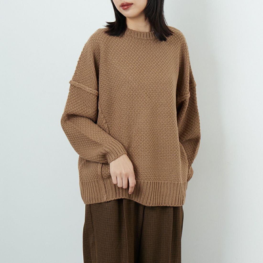 Jf Ready Made [ジェイエフレディメイド] 切替デザインクルーネックニット [3109206] 701 ﾌﾞﾗｳﾝ &&モデル身長：162cm 着用サイズ：F&&