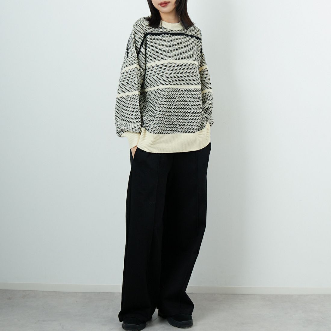 Jf Ready Made [ジェイエフレディメイド] ジャガードニットクルーネックプルオーバー [3109207] 180 ｷﾅﾘ &&モデル身長：162cm 着用サイズ：F&&