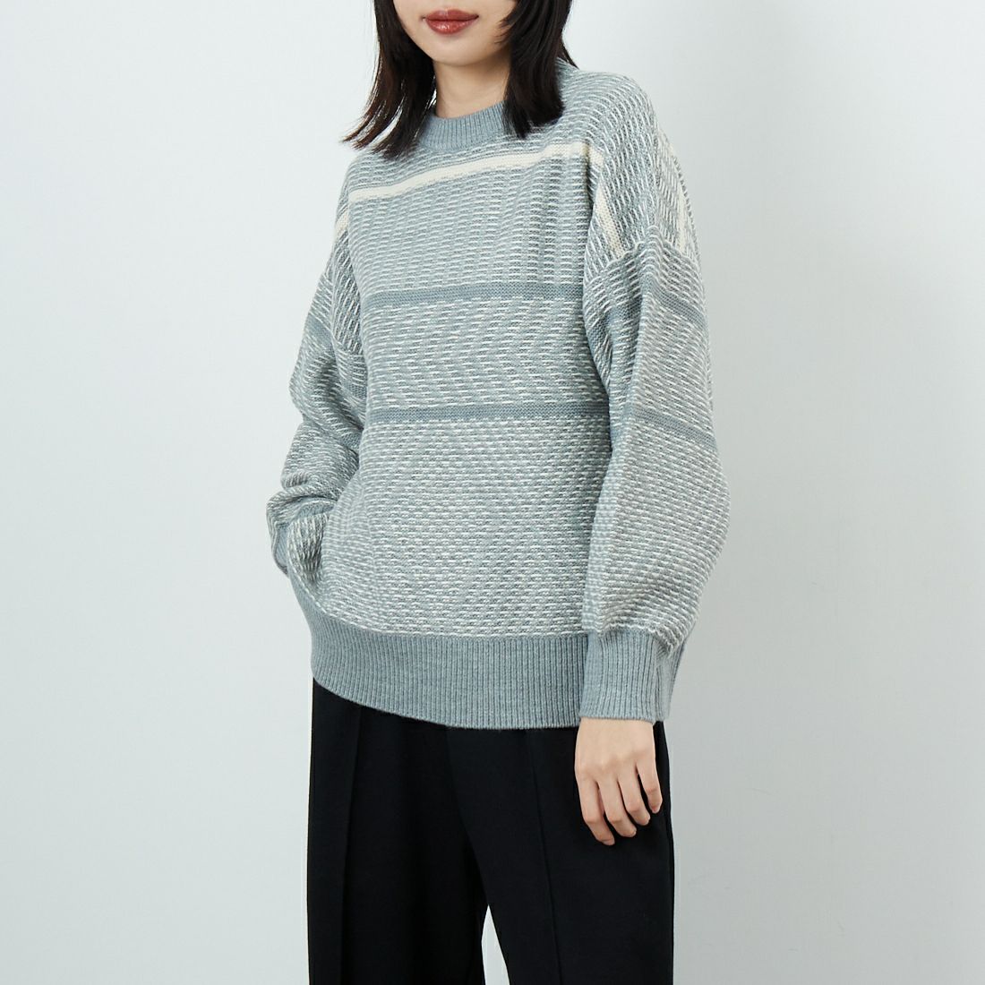 Jf Ready Made [ジェイエフレディメイド] ジャガードニットクルーネックプルオーバー [3109207] 859 ｸﾞﾚｰ &&モデル身長：162cm 着用サイズ：F&&