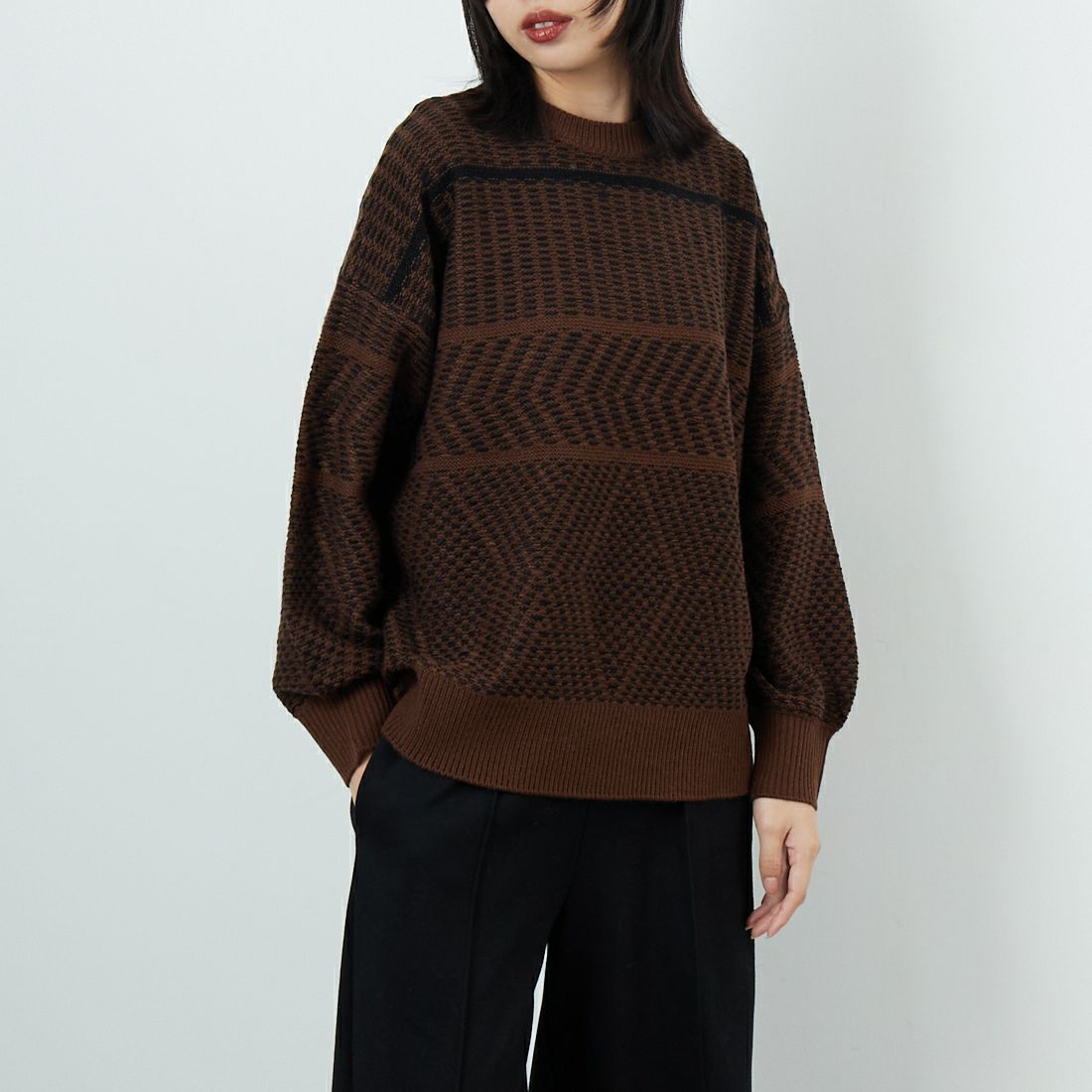 Jf Ready Made [ジェイエフレディメイド] ジャガードニットクルーネックプルオーバー [3109207] 089 ﾌﾞﾗｯｸ &&モデル身長：162cm 着用サイズ：F&&