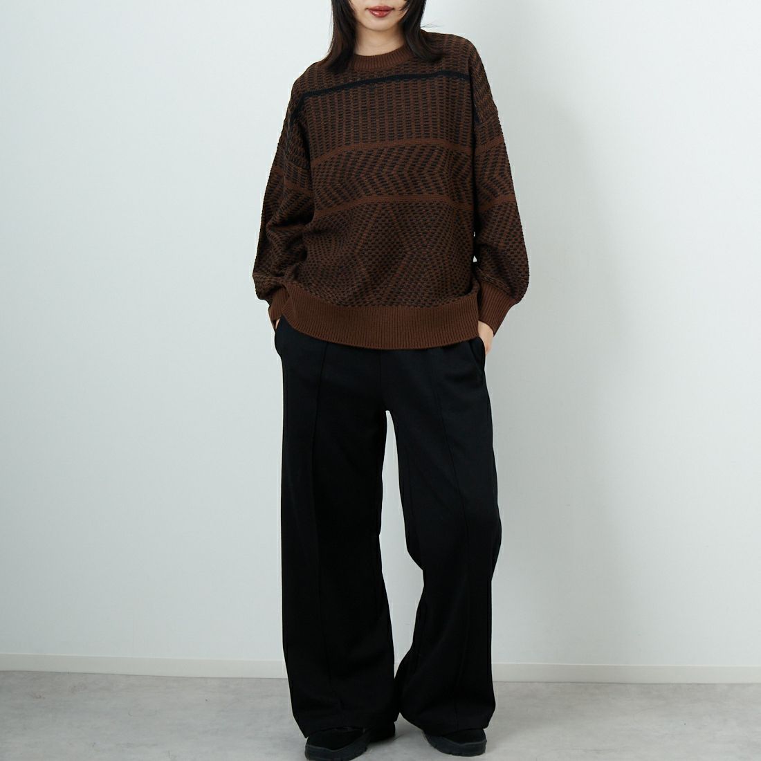 Jf Ready Made [ジェイエフレディメイド] ジャガードニットクルーネックプルオーバー [3109207] 089 ﾌﾞﾗｯｸ &&モデル身長：162cm 着用サイズ：F&&