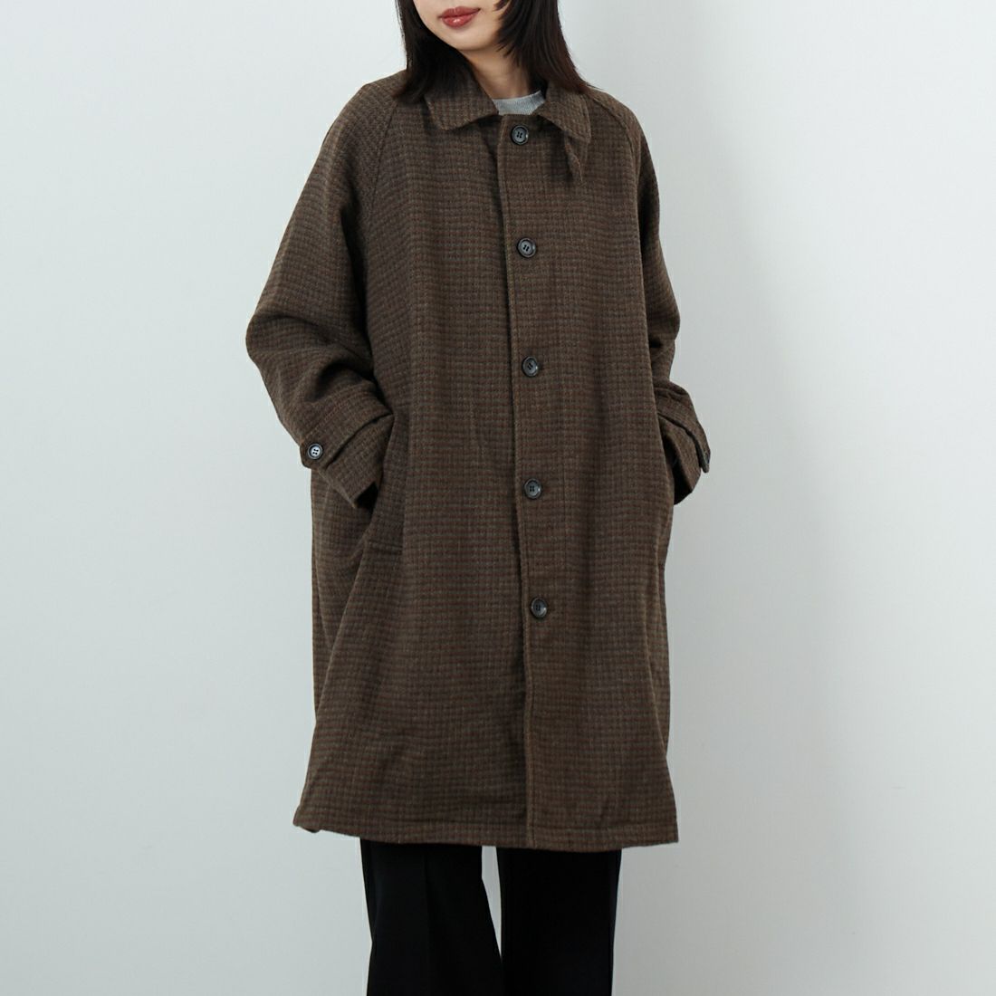 Jeans Factory Clothes [ジーンズファクトリークローズ] ワイドステンカラーミドルコート [831031IN] CHECK &&モデル身長：162cm 着用サイズ：F&&