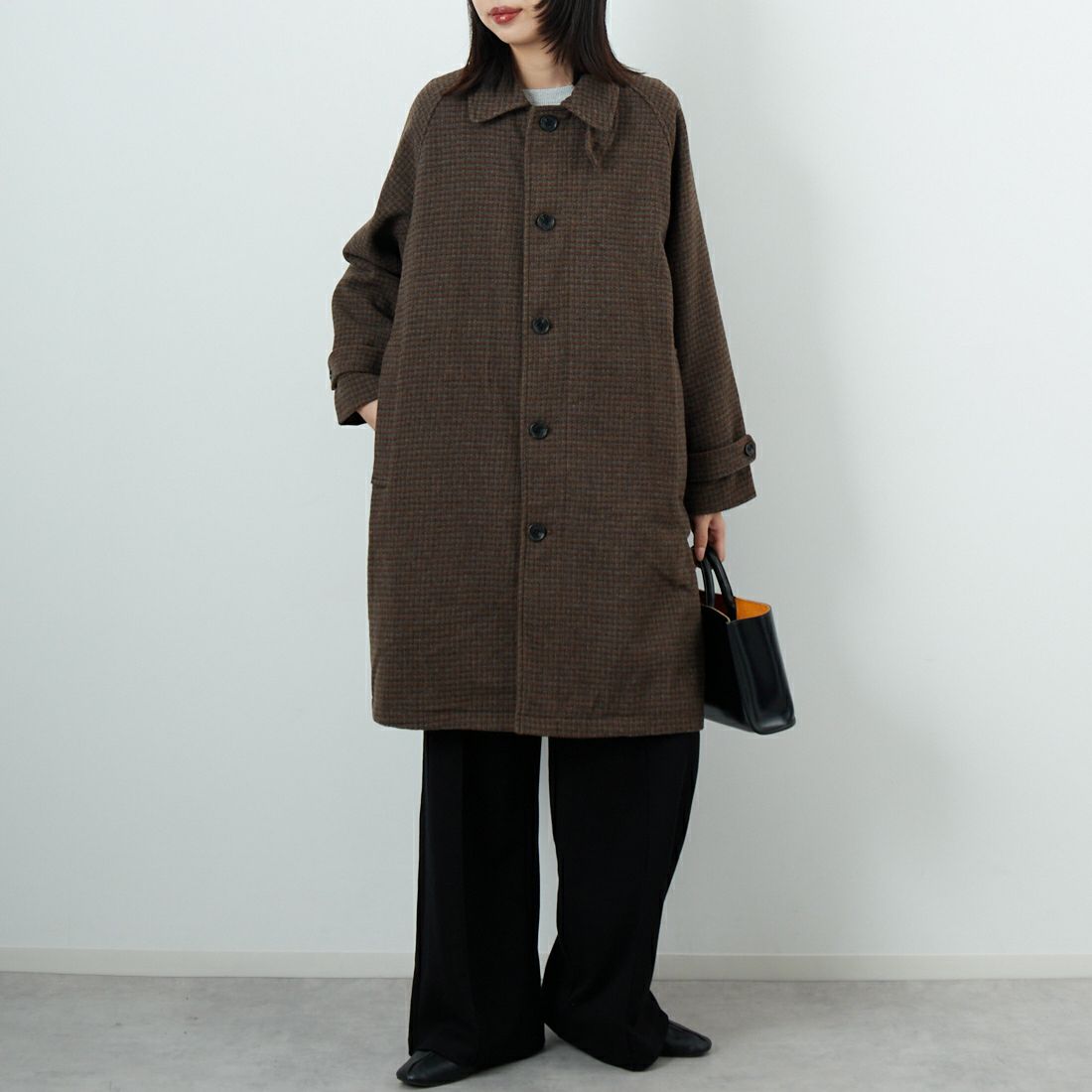Jeans Factory Clothes [ジーンズファクトリークローズ] ワイドステンカラーミドルコート [831031IN] CHECK &&モデル身長：162cm 着用サイズ：F&&