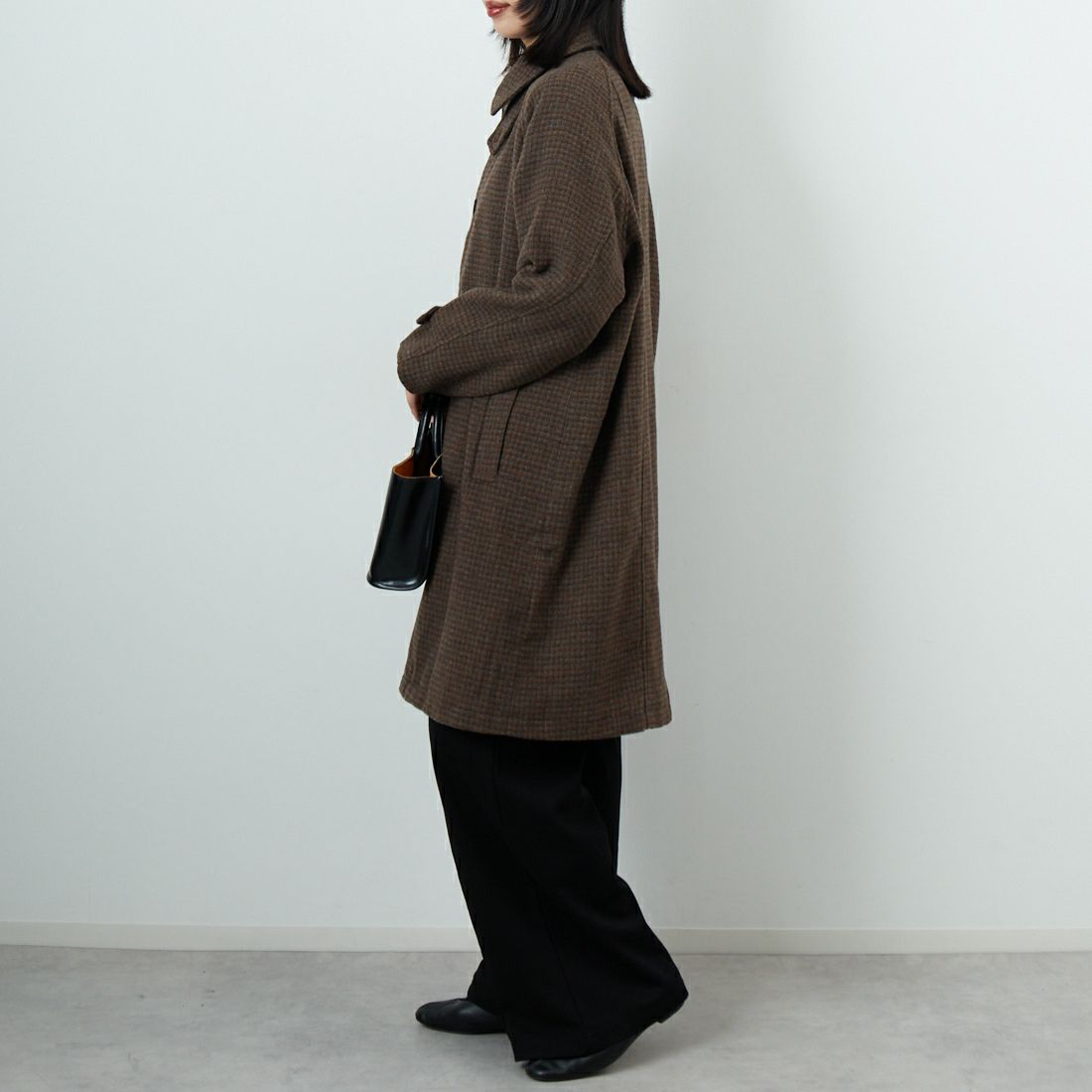 Jeans Factory Clothes [ジーンズファクトリークローズ] ワイドステンカラーミドルコート [831031IN] CHECK &&モデル身長：162cm 着用サイズ：F&&