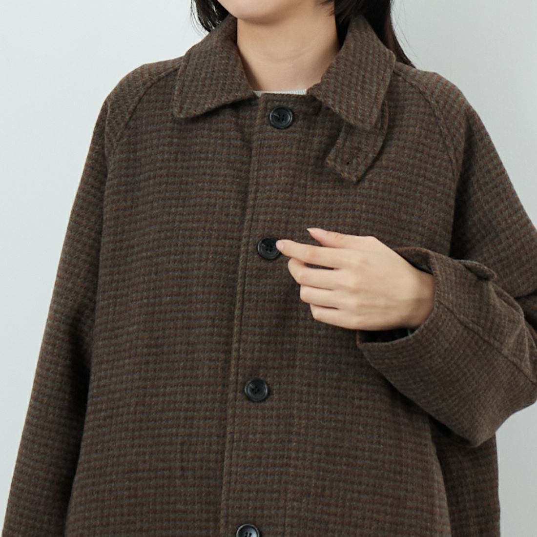 Jeans Factory Clothes [ジーンズファクトリークローズ] ワイドステンカラーミドルコート [831031IN] CHECK &&モデル身長：162cm 着用サイズ：F&&