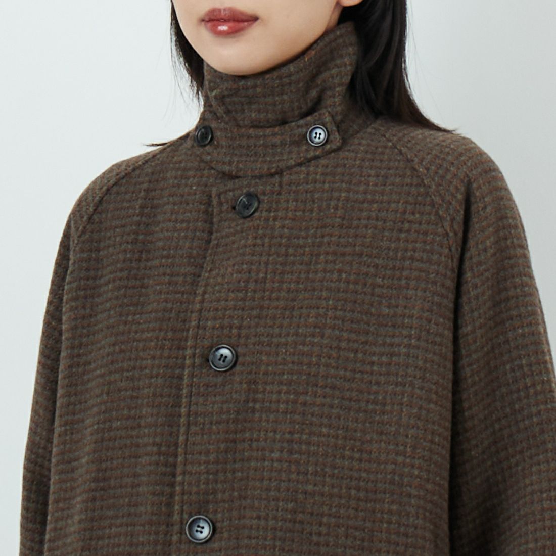 Jeans Factory Clothes [ジーンズファクトリークローズ] ワイドステンカラーミドルコート [831031IN] CHECK &&モデル身長：162cm 着用サイズ：F&&