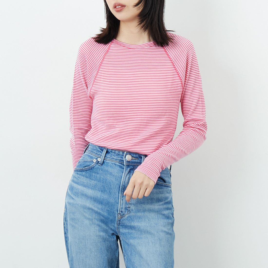 WILDERNESS WEAR [ウィルダネスウェア] ポリプロピレン ロングスリーブボーダーTシャツ [POLYPRO190-LS-CR-ST] PINK/WHITE &&モデル身長：162cm 着用サイズ：S&&