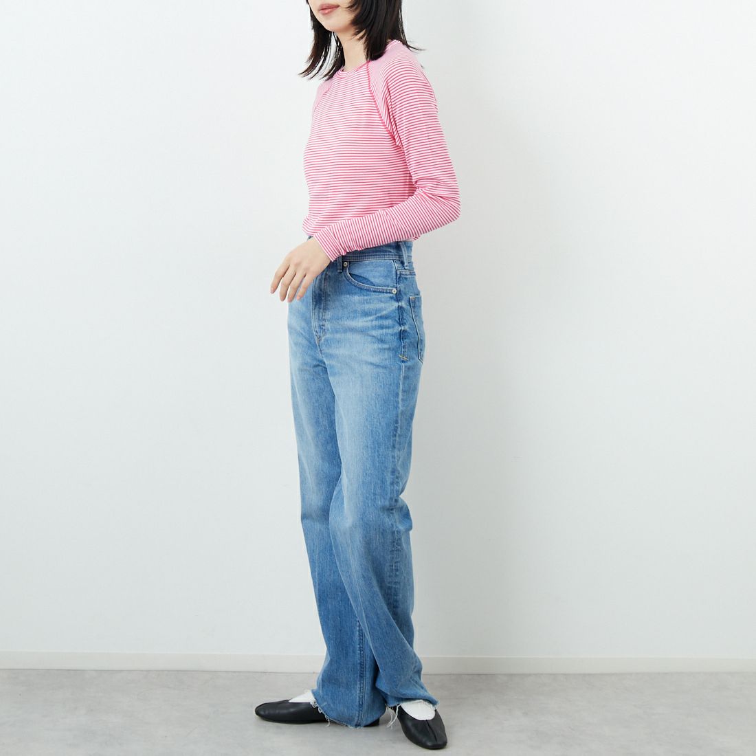 WILDERNESS WEAR [ウィルダネスウェア] ポリプロピレン ロングスリーブボーダーTシャツ [POLYPRO190-LS-CR-ST] PINK/WHITE &&モデル身長：162cm 着用サイズ：S&&