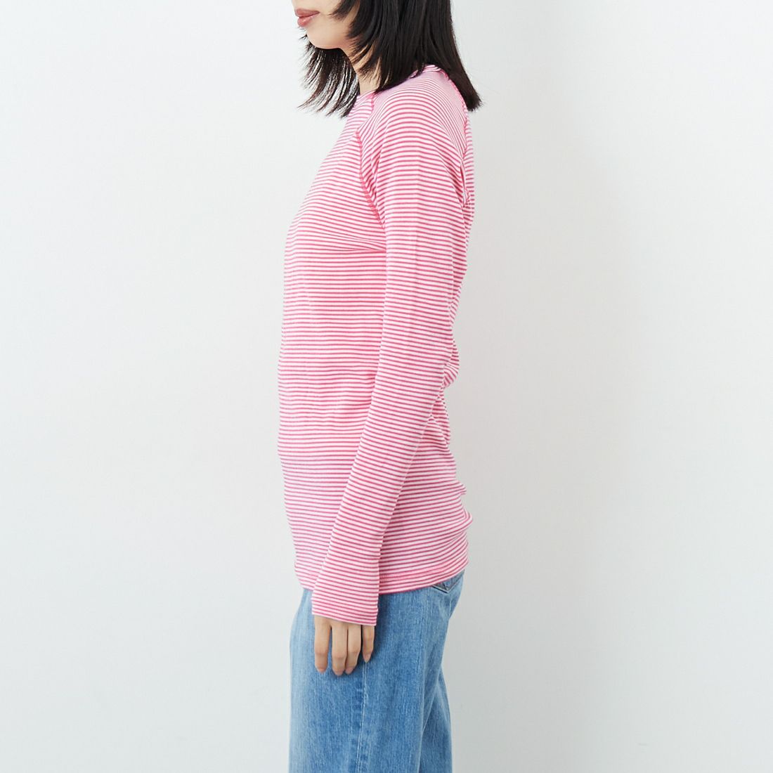 WILDERNESS WEAR [ウィルダネスウェア] ポリプロピレン ロングスリーブボーダーTシャツ [POLYPRO190-LS-CR-ST] PINK/WHITE &&モデル身長：162cm 着用サイズ：S&&