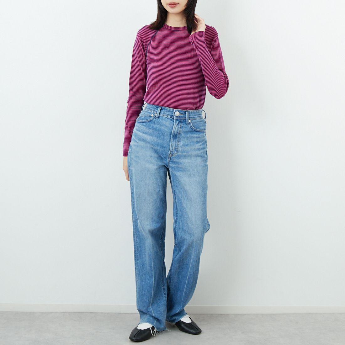 WILDERNESS WEAR [ウィルダネスウェア] ポリプロピレン ロングスリーブボーダーTシャツ [POLYPRO190-LS-CR-ST] NAVY/PINK &&モデル身長：162cm 着用サイズ：S&&