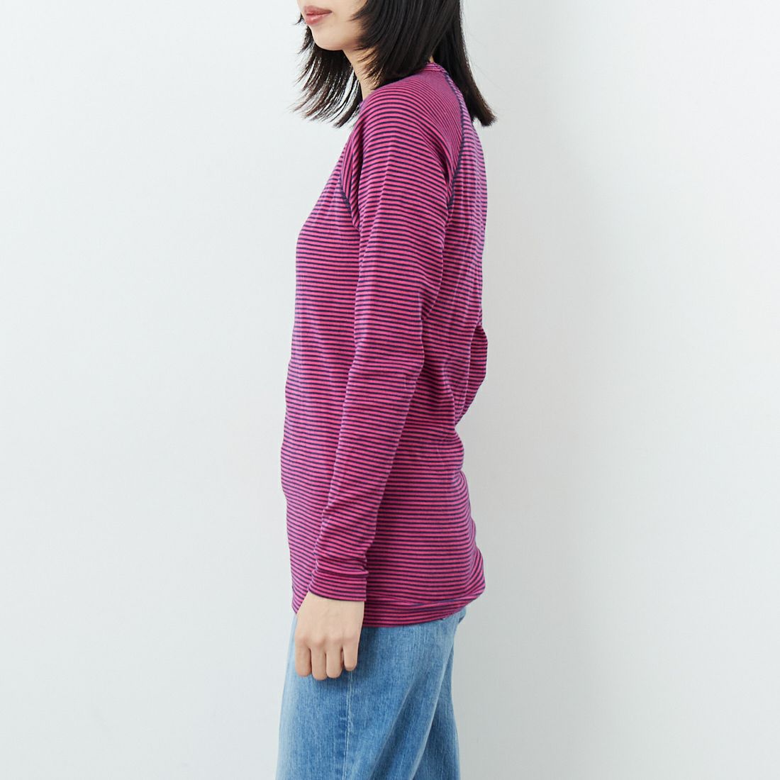 WILDERNESS WEAR [ウィルダネスウェア] ポリプロピレン ロングスリーブボーダーTシャツ [POLYPRO190-LS-CR-ST] NAVY/PINK &&モデル身長：162cm 着用サイズ：S&&