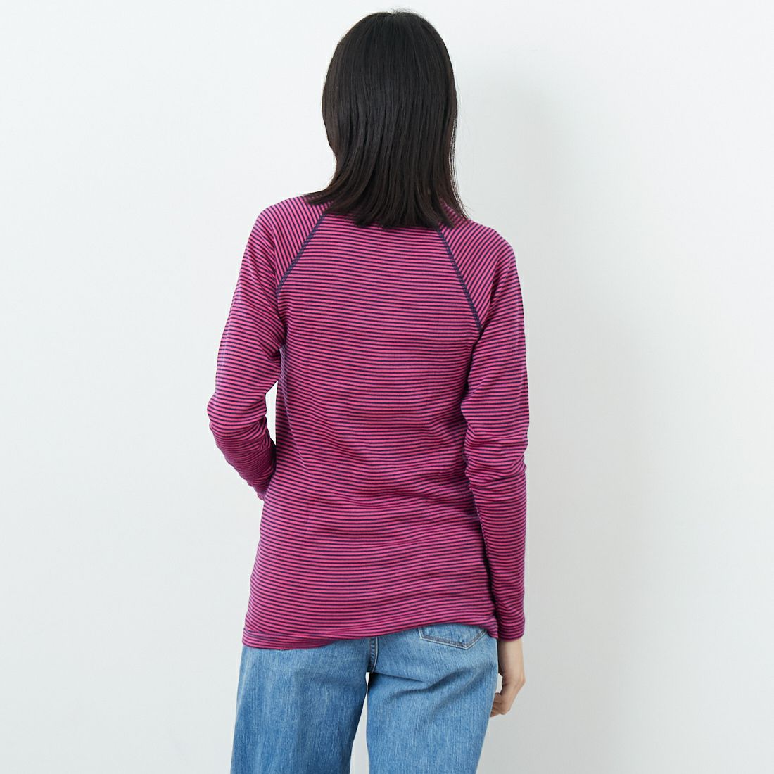 WILDERNESS WEAR [ウィルダネスウェア] ポリプロピレン ロングスリーブボーダーTシャツ [POLYPRO190-LS-CR-ST] NAVY/PINK &&モデル身長：162cm 着用サイズ：S&&