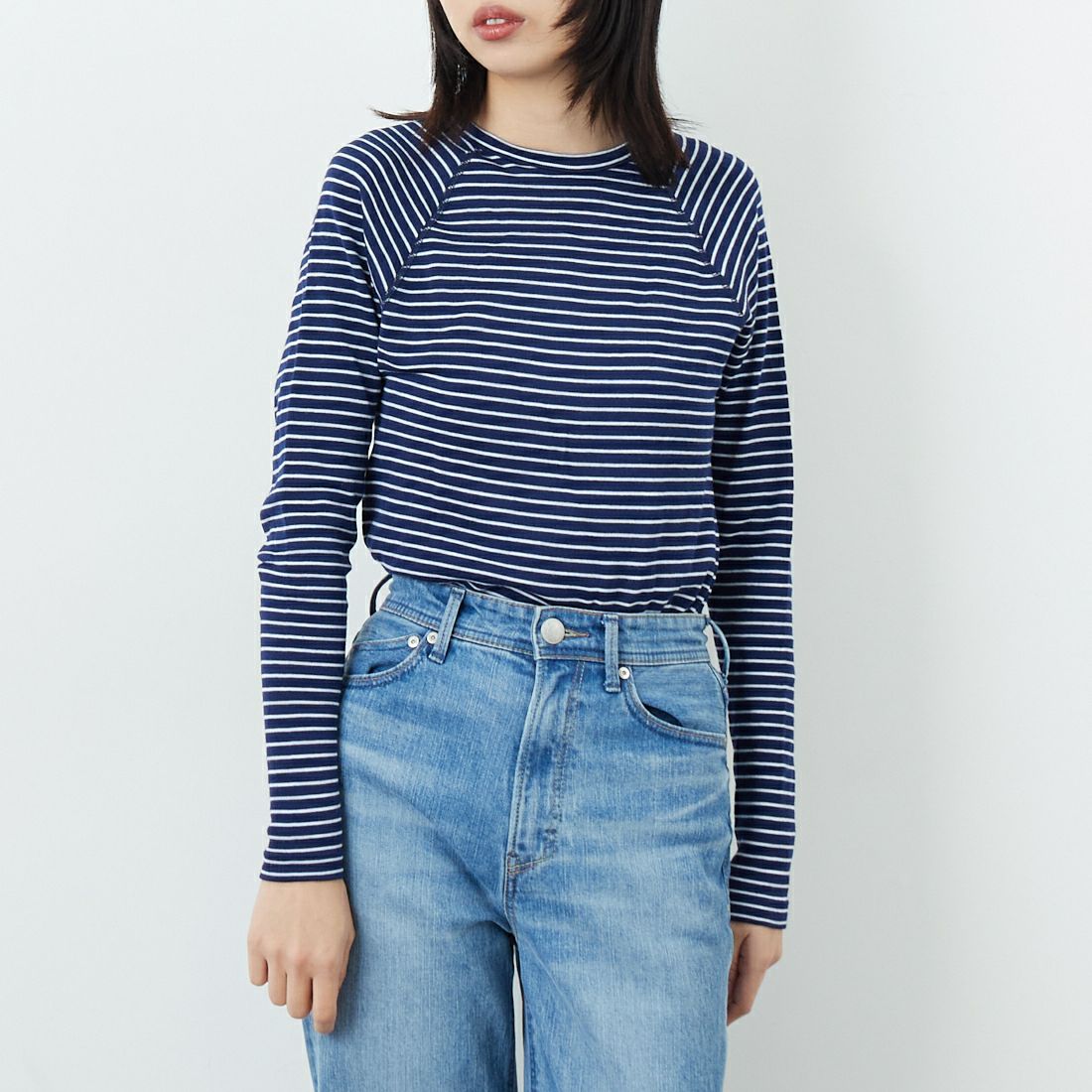 WILDERNESS WEAR [ウィルダネスウェア] ポリプロピレン ロングスリーブボーダーTシャツ [POLYPRO190-LS-CR-ST] NAVY/WHITE &&モデル身長：162cm 着用サイズ：S&&