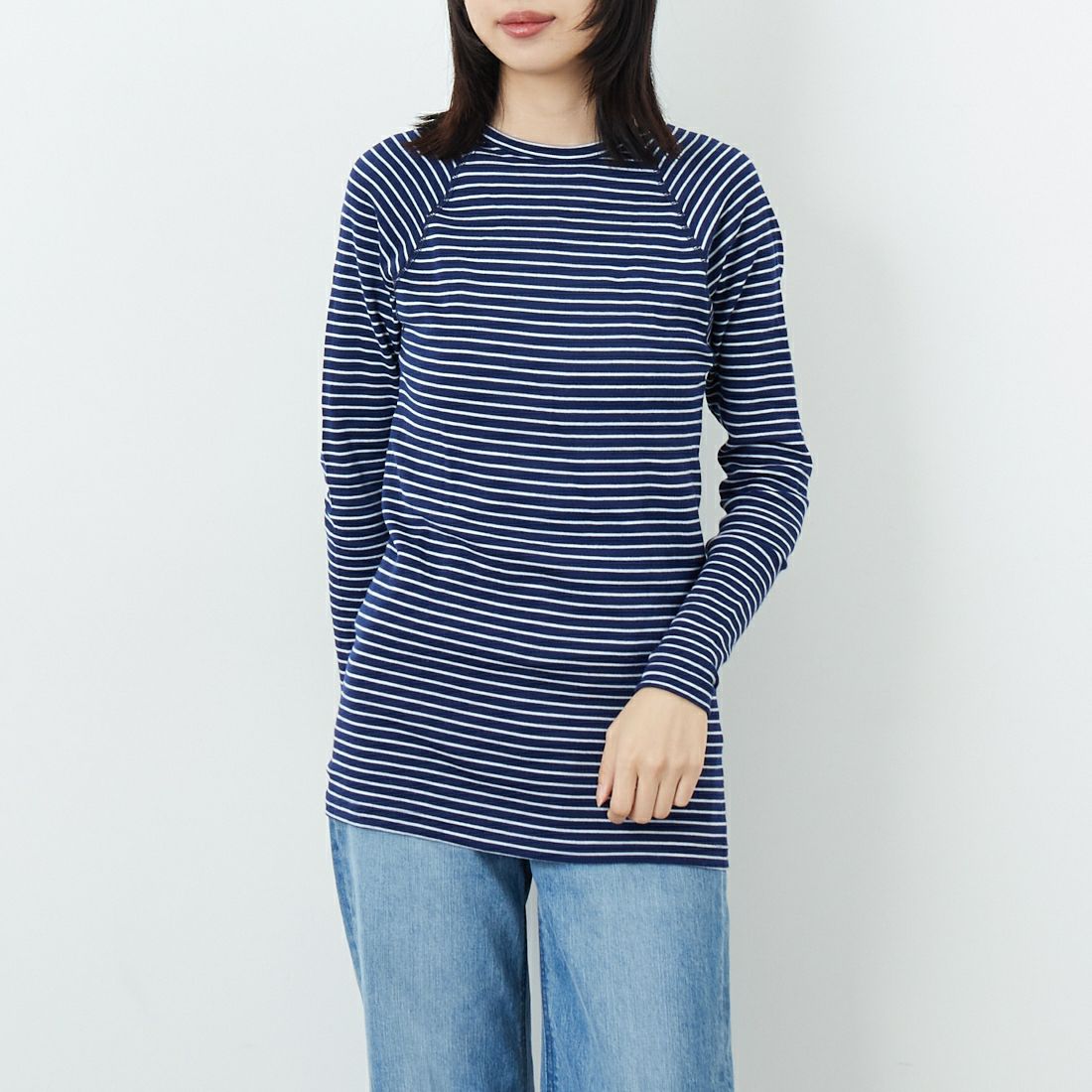 WILDERNESS WEAR [ウィルダネスウェア] ポリプロピレン ロングスリーブボーダーTシャツ [POLYPRO190-LS-CR-ST] NAVY/WHITE &&モデル身長：162cm 着用サイズ：S&&