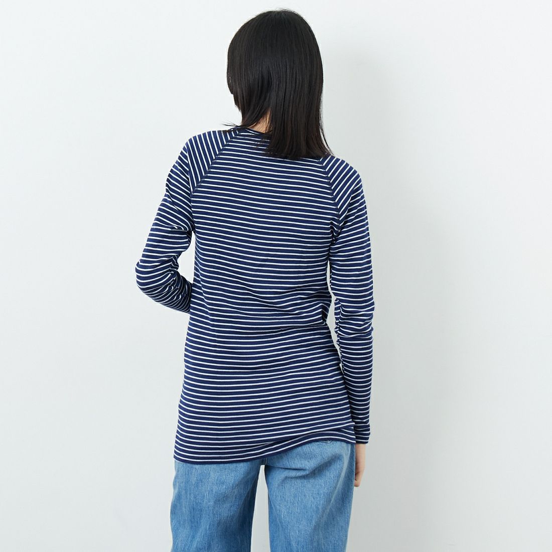 WILDERNESS WEAR [ウィルダネスウェア] ポリプロピレン ロングスリーブボーダーTシャツ [POLYPRO190-LS-CR-ST] NAVY/WHITE &&モデル身長：162cm 着用サイズ：S&&