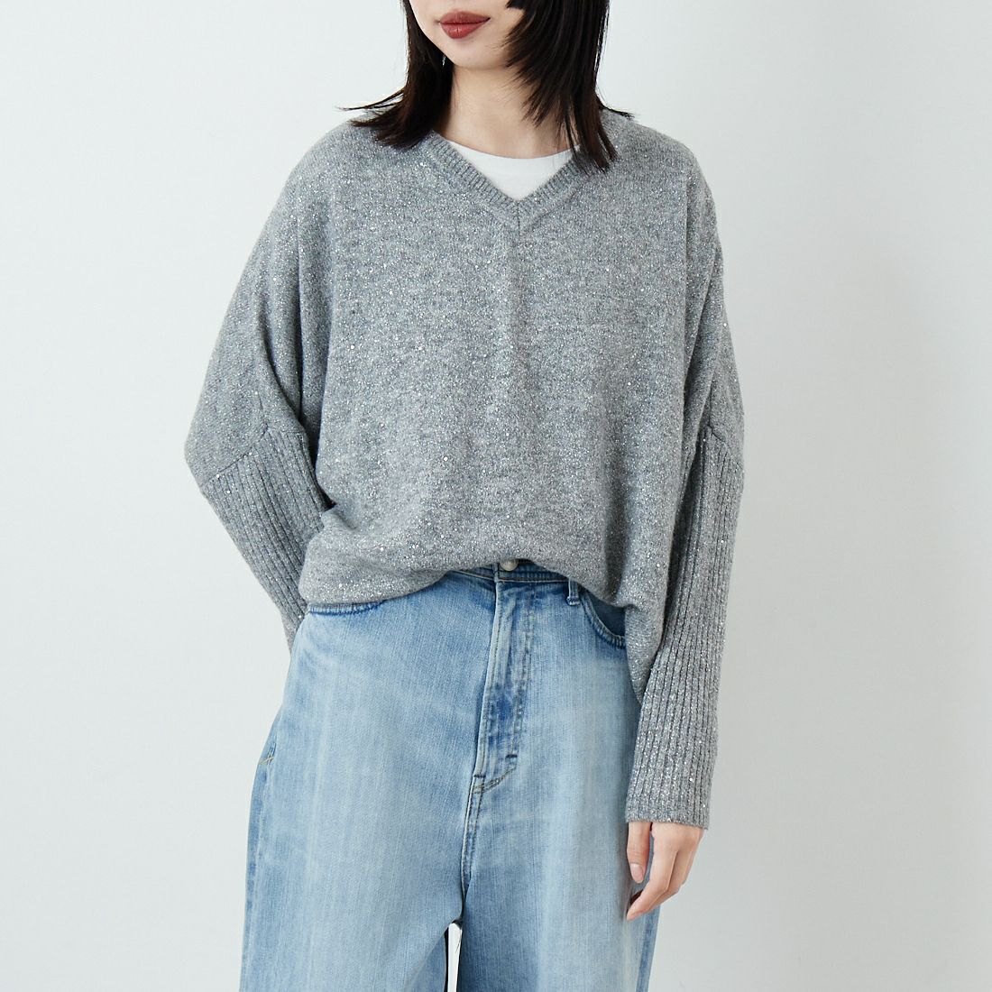 Jf Ready Made [ジェイエフレディメイド] スパンコールドルマンニットプルオーバー [3225426] ﾄｯﾌﾟｸﾞﾚｰ &&モデル身長：162cm 着用サイズ：F&&