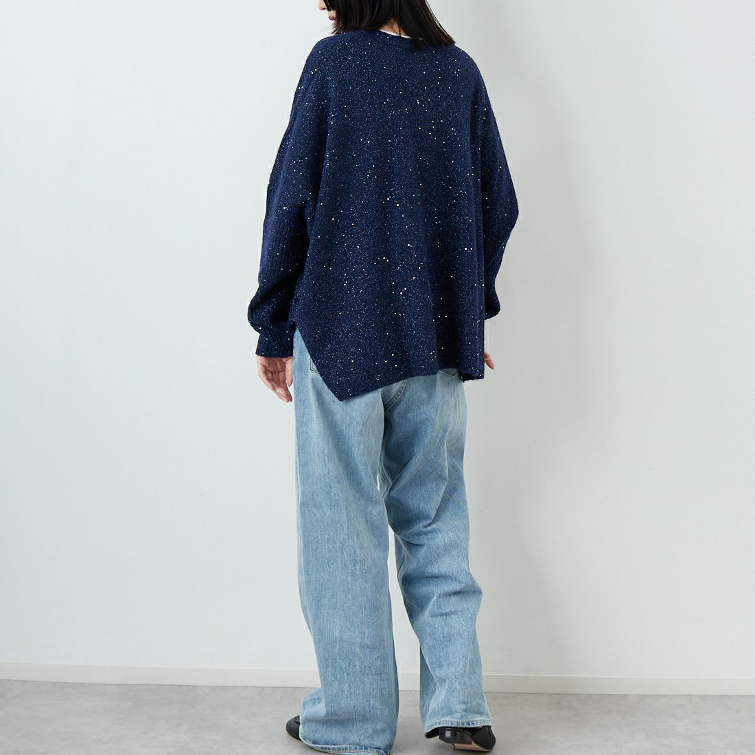 Jf Ready Made [ジェイエフレディメイド] スパンコールドルマンニットプルオーバー [3225426] ﾈｲﾋﾞｰ &&モデル身長：162cm 着用サイズ：F&&