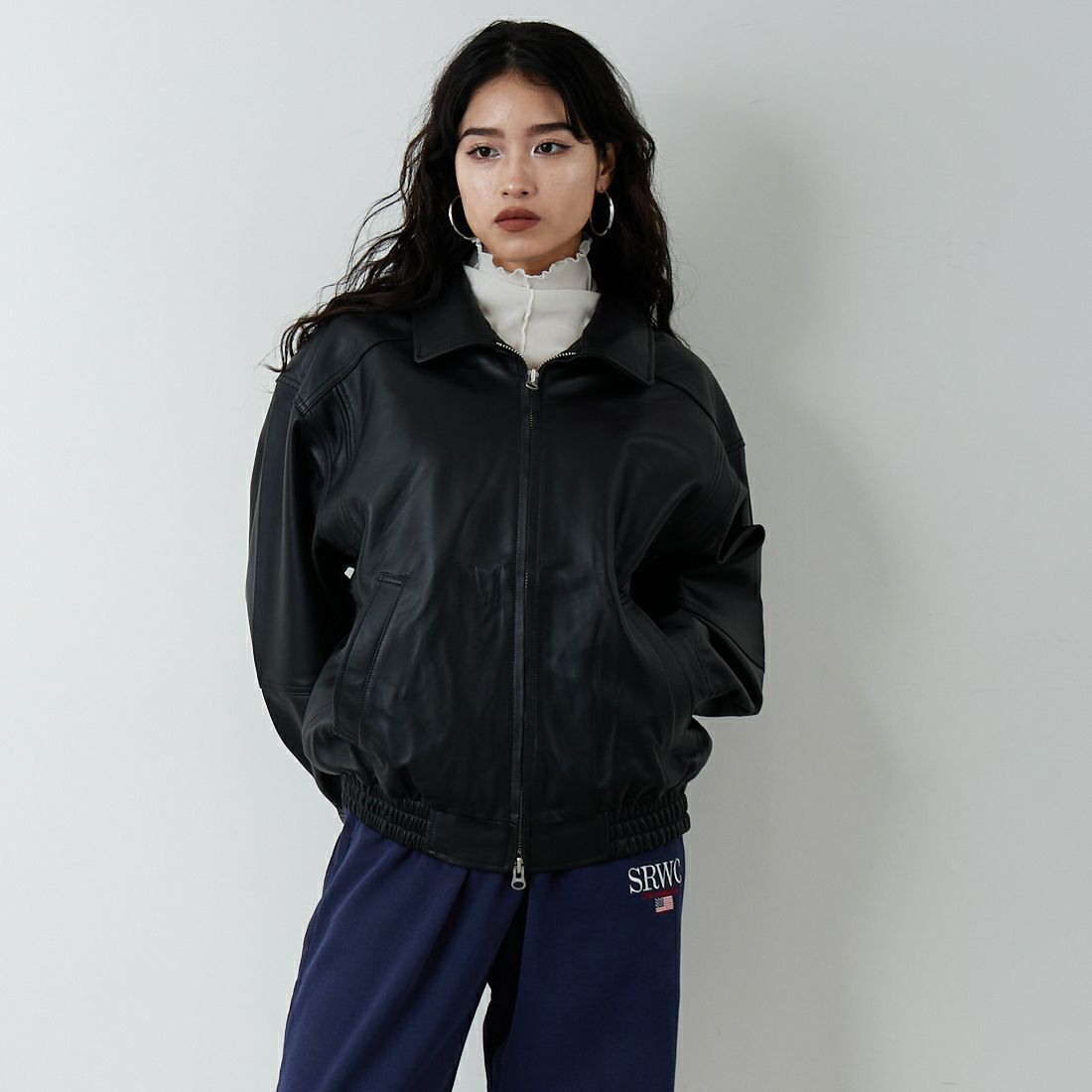 Jeans Factory Clothes [ジーンズファクトリークローズ] ラムボンバージャケット [25413JF] BLACK &&モデル身長：162cm 着用サイズ：S&&