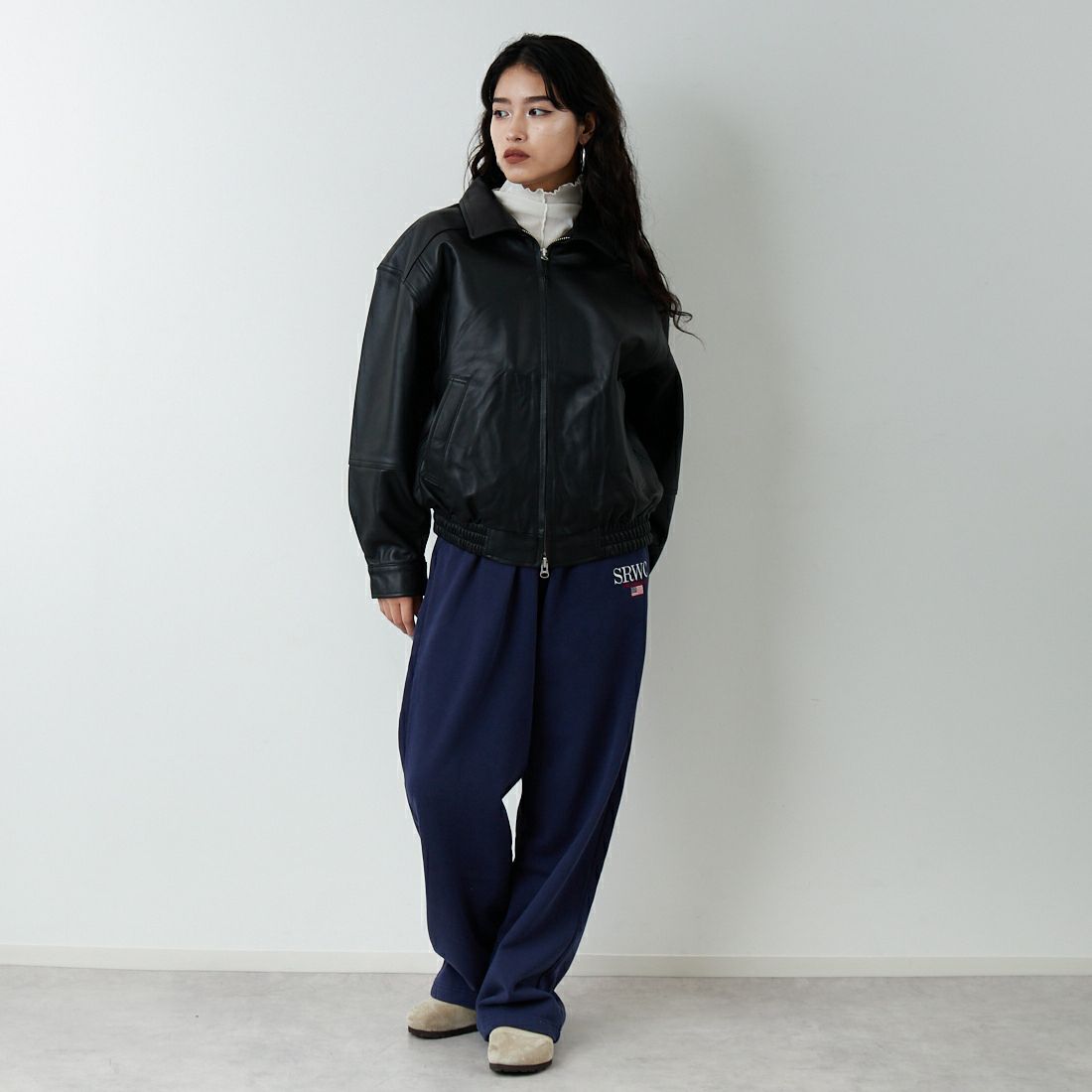 Jeans Factory Clothes [ジーンズファクトリークローズ] ラムボンバージャケット [25413JF] BLACK &&モデル身長：162cm 着用サイズ：S&&