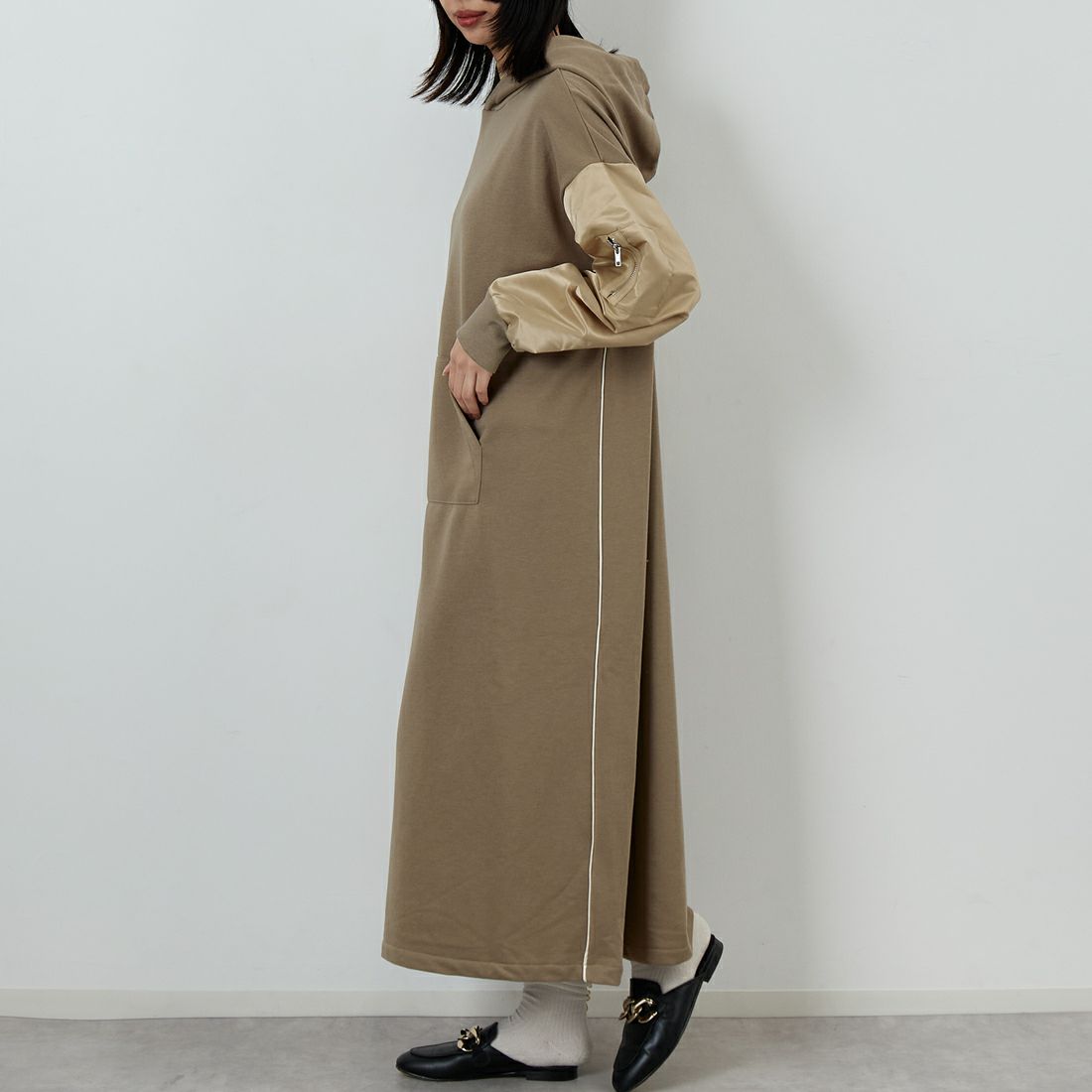 Jf Ready Made [ジェイエフレディメイド] 異素材ドッキングパーカーワンピース [922-24127] ﾌﾞﾗｳﾝ &&モデル身長：162cm 着用サイズ：F&&