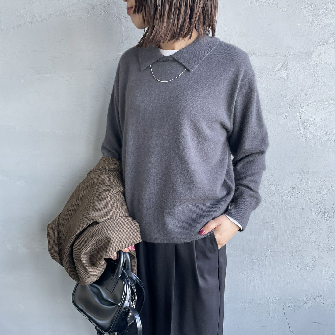 mizuiro ind [ミズイロインド] ハイゲージ襟付きプルオーバー [4-220099] 92 D.GRAY &&モデル身長：159cm 着用サイズ：F&&
