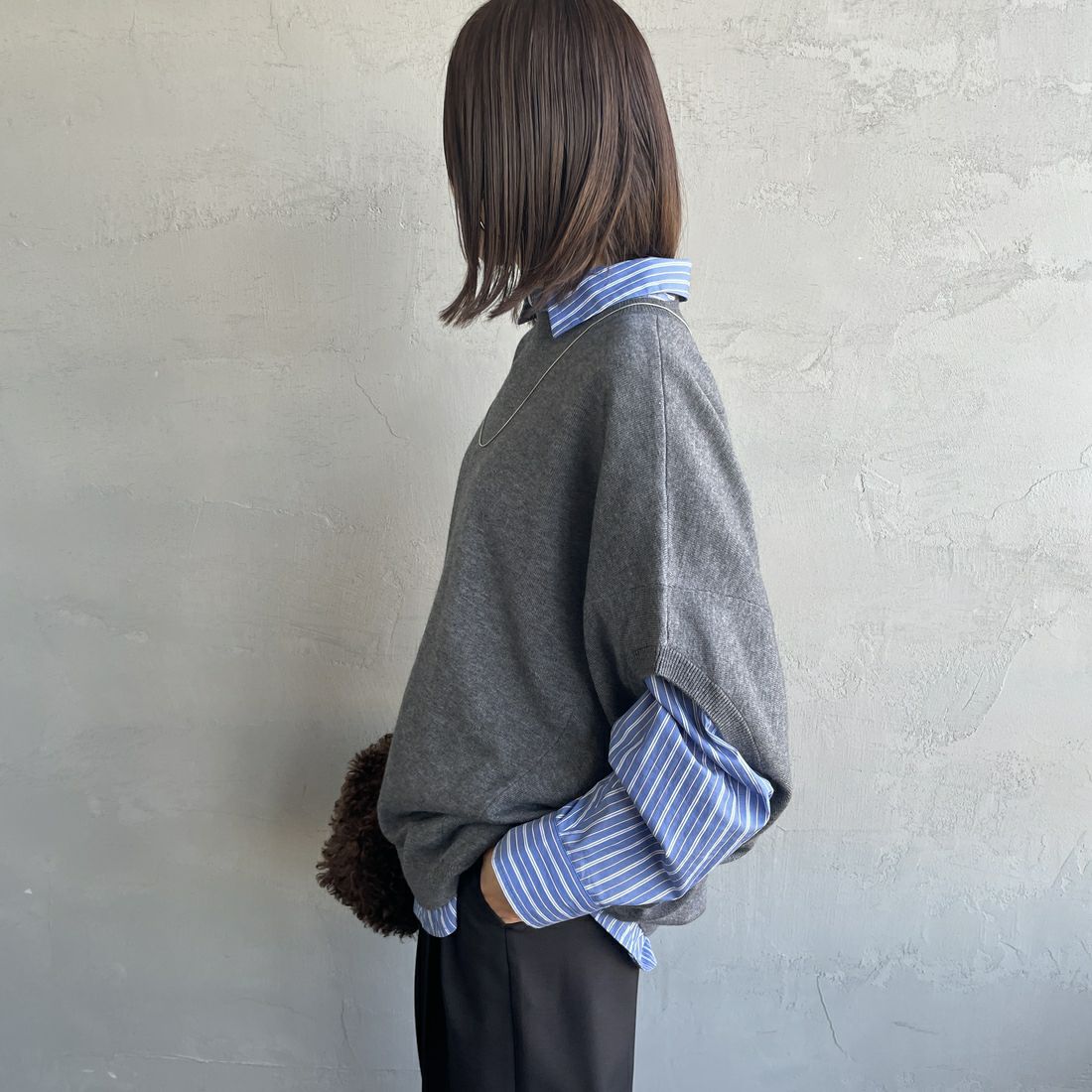 mizuiro ind [ミズイロインド] コクーンワイドベスト [4-220104] 91 GRAY &&モデル身長：159cm 着用サイズ：F&&