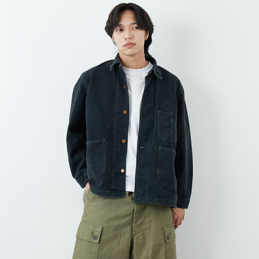 REMI RELIEF [レミレリーフ] モールスキンカバーオールジャケット [RN29373043] BLACK &&モデル身長：179cm 着用サイズ：L&&