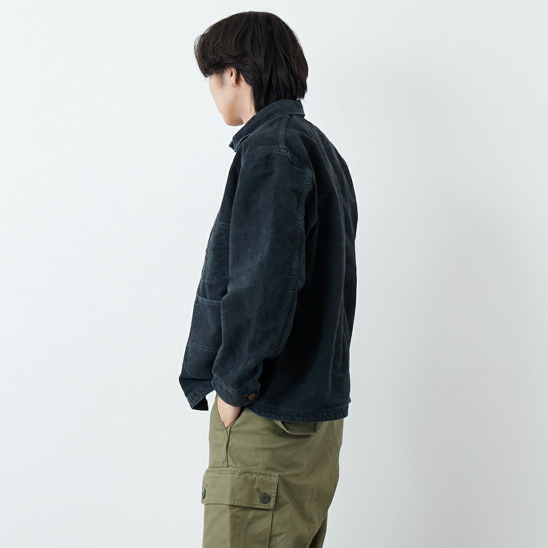 REMI RELIEF [レミレリーフ] モールスキンカバーオールジャケット [RN29373043] BLACK &&モデル身長：179cm 着用サイズ：L&&