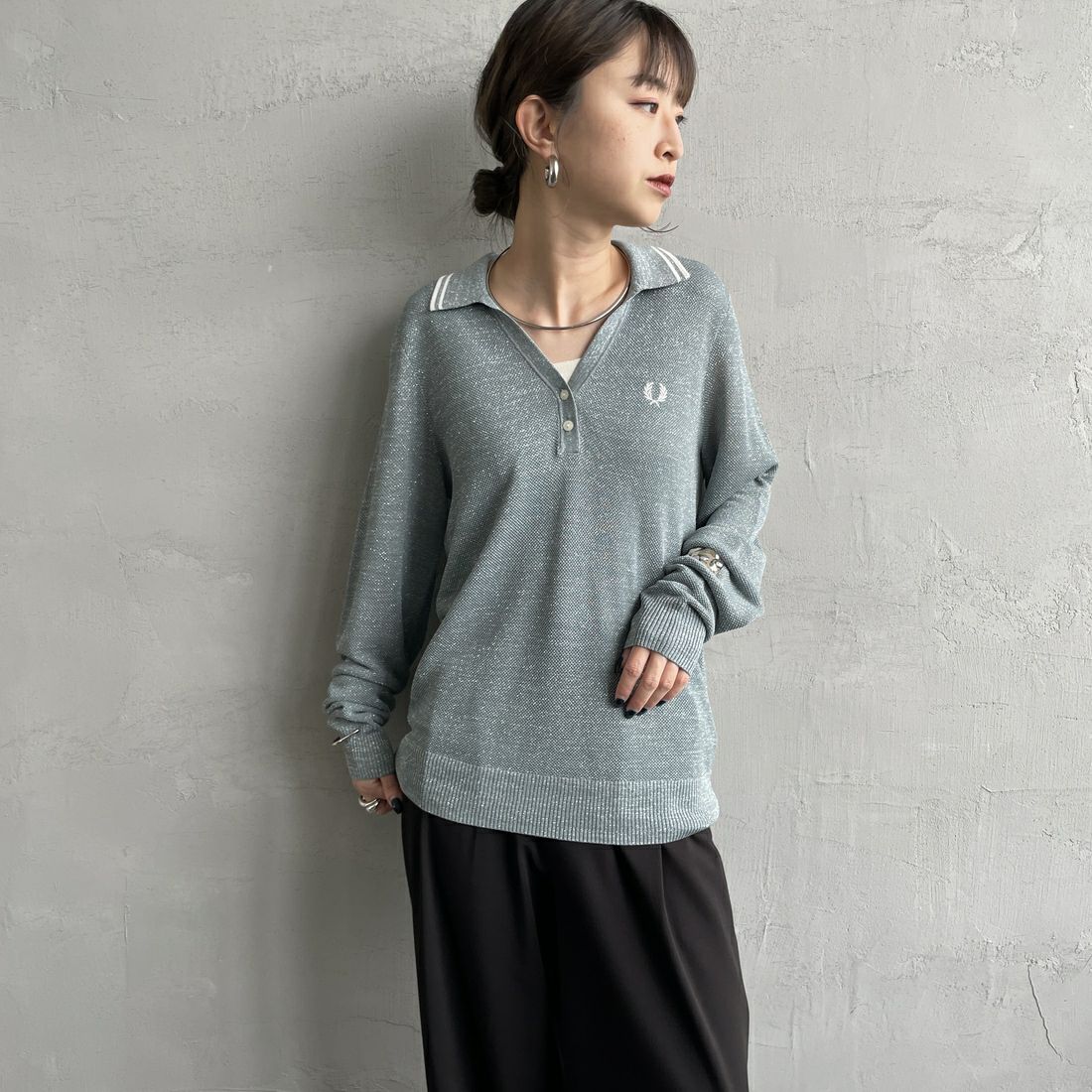 FRED PERRY [フレッドペリー] ツインティップライン メタリックニットポロシャツ [K1128] Z20 STOCKP &&モデル身長：150cm 着用サイズ：10&&