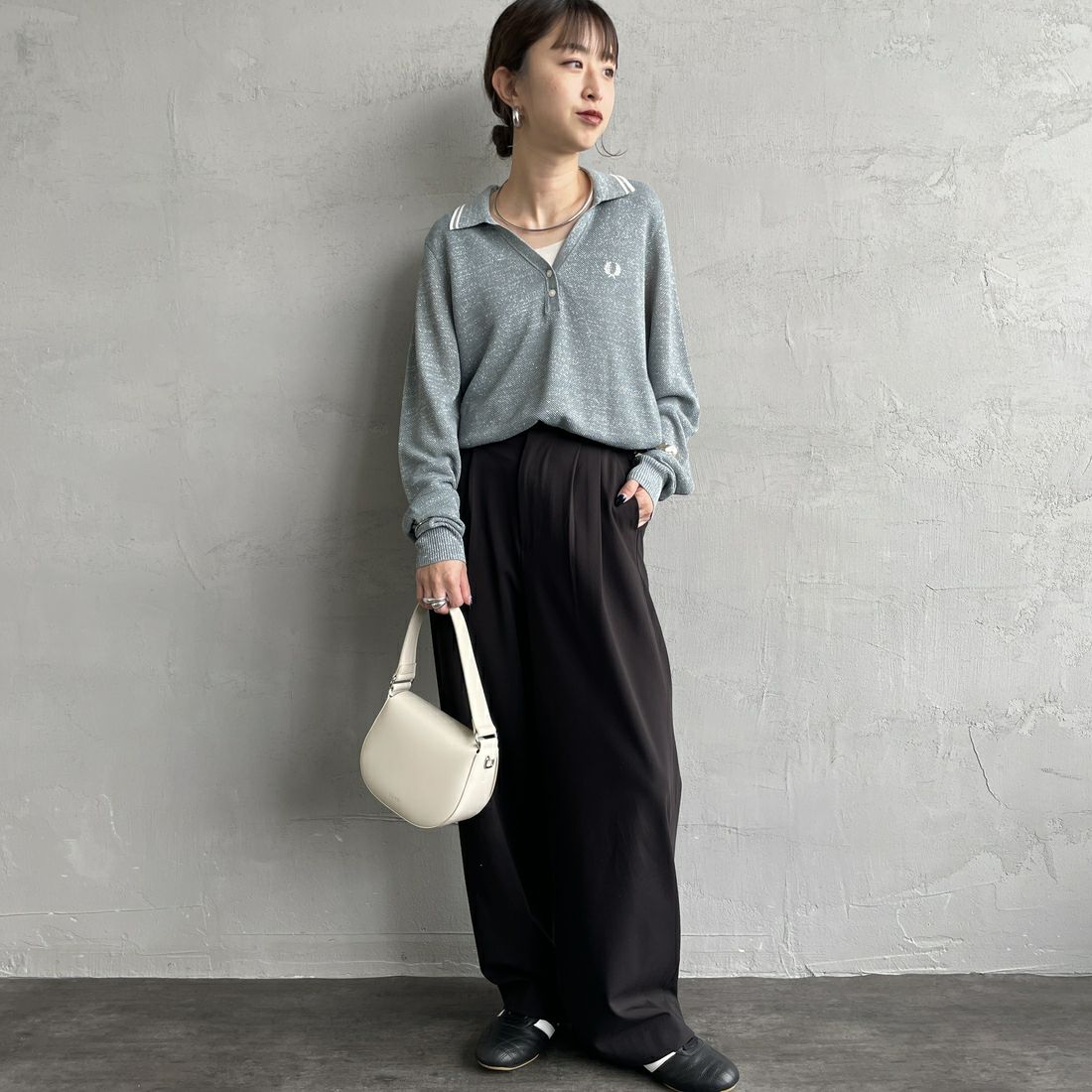 FRED PERRY [フレッドペリー] ツインティップライン メタリックニットポロシャツ [K1128] Z20 STOCKP &&モデル身長：150cm 着用サイズ：10&&