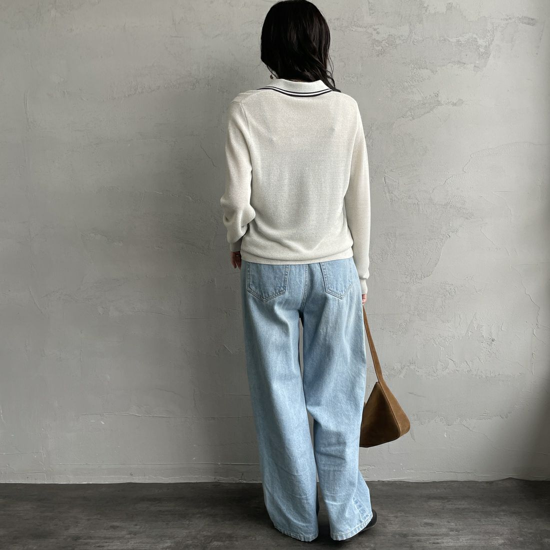 FRED PERRY [フレッドペリー] ツインティップライン メタリックニットポロシャツ [K1128] 560 ECRU &&モデル身長：160cm 着用サイズ：10&&