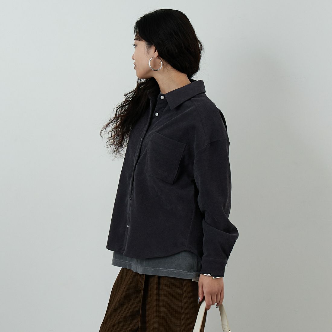 Jf Ready Made [ジイエフレディメイド] コーデュロイドロップタックブラウス [4225650] ﾁｬｺｰﾙｸﾞﾚｰ &&モデル身長：162cm 着用サイズ：F&&