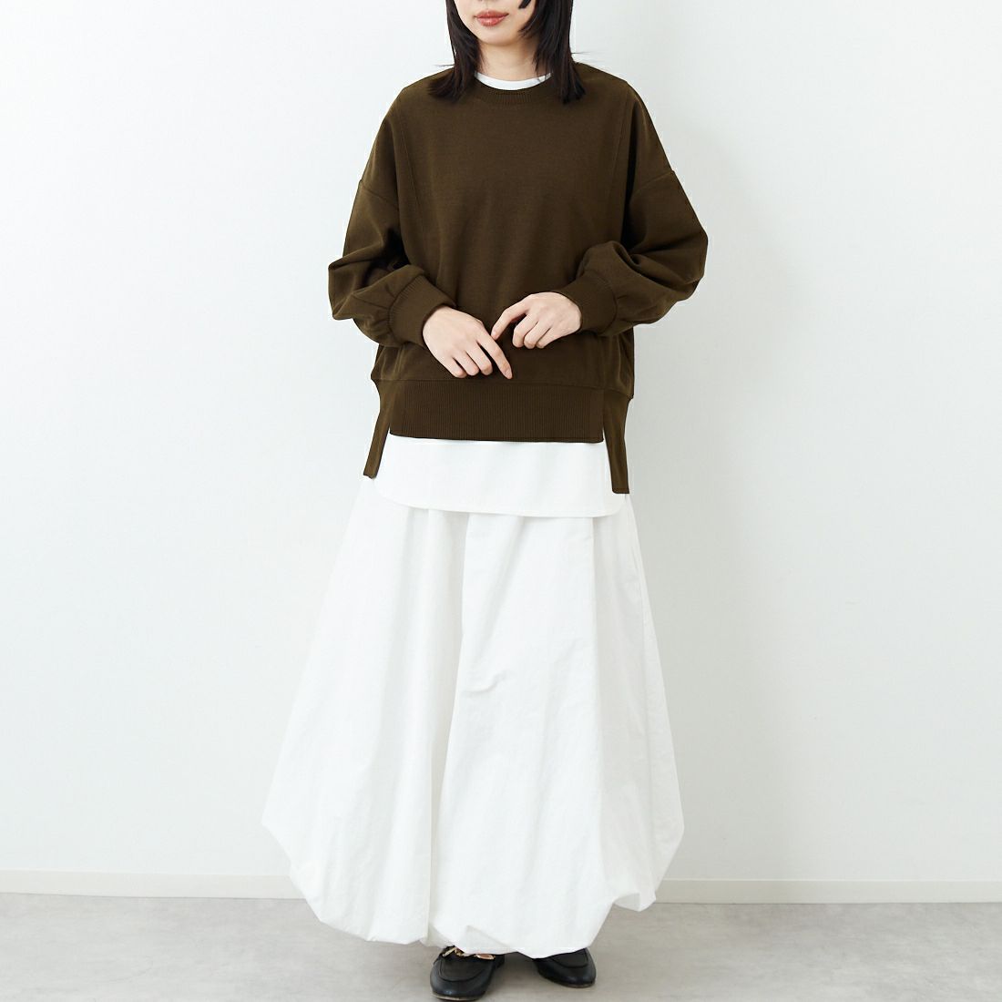 Jf Ready Made [ジェイエフレディメイド] 圧縮起毛サイド切替プルオーバー [3225750] ﾌﾞﾗｳﾝ &&モデル身長：162cm 着用サイズ：F&&