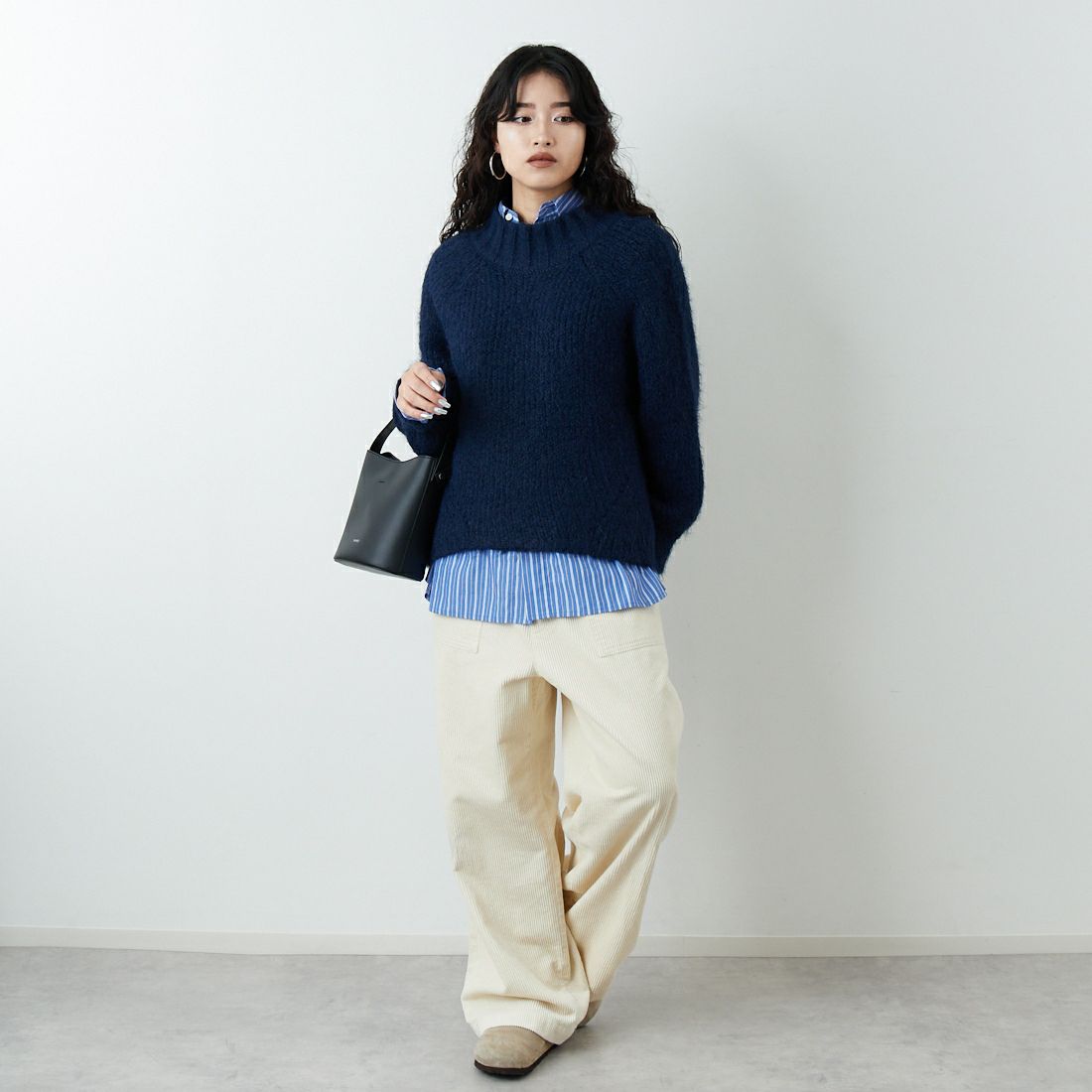 Jf Ready Made [ジェイエフレディメイド] 圧縮起毛ワイドネックプルオーバー [3225466] ﾈｲﾋﾞｰ &&モデル身長：162cm 着用サイズ：F&&