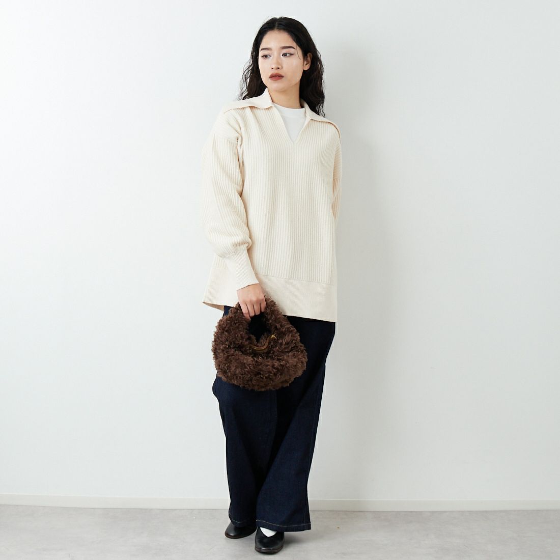 RIM.ARK [リムアーク] ベーシックカラーリブプルオーバー [460JSL70-2271] IVOY &&モデル身長：162cm 着用サイズ：F&&