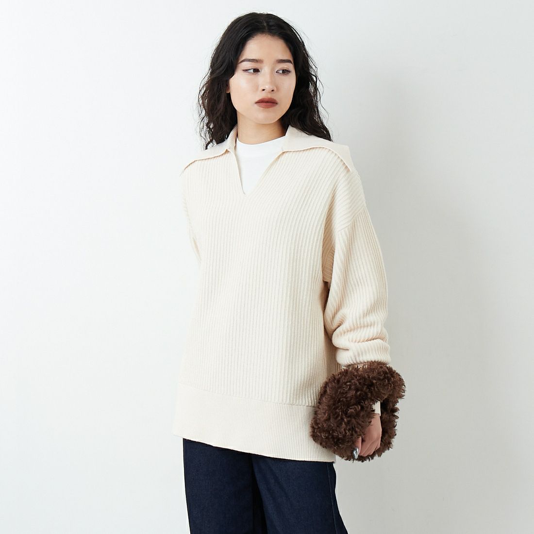 RIM.ARK [リムアーク] ベーシックカラーリブプルオーバー [460JSL70-2271] IVOY &&モデル身長：162cm 着用サイズ：F&&