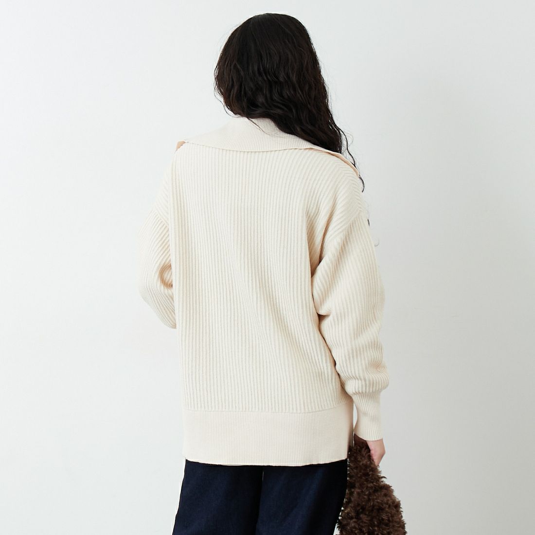 RIM.ARK [リムアーク] ベーシックカラーリブプルオーバー [460JSL70-2271] IVOY &&モデル身長：162cm 着用サイズ：F&&